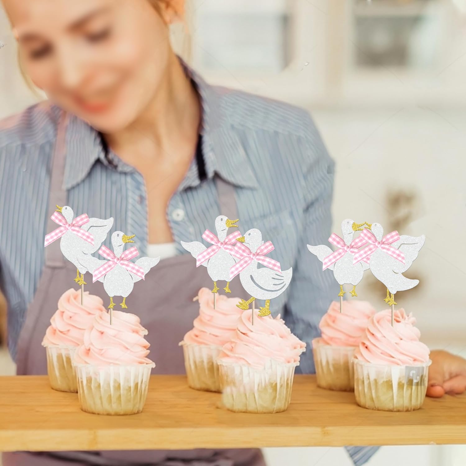24 PCS Pink Bow Silly Goose Cupcake Toppers