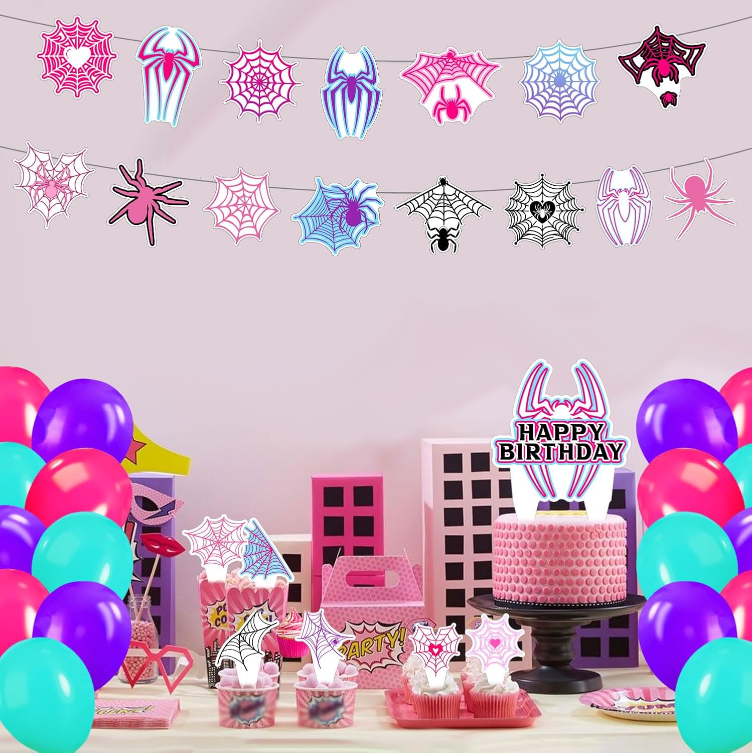 59 Pcs Pink Spider Party Decor Set
