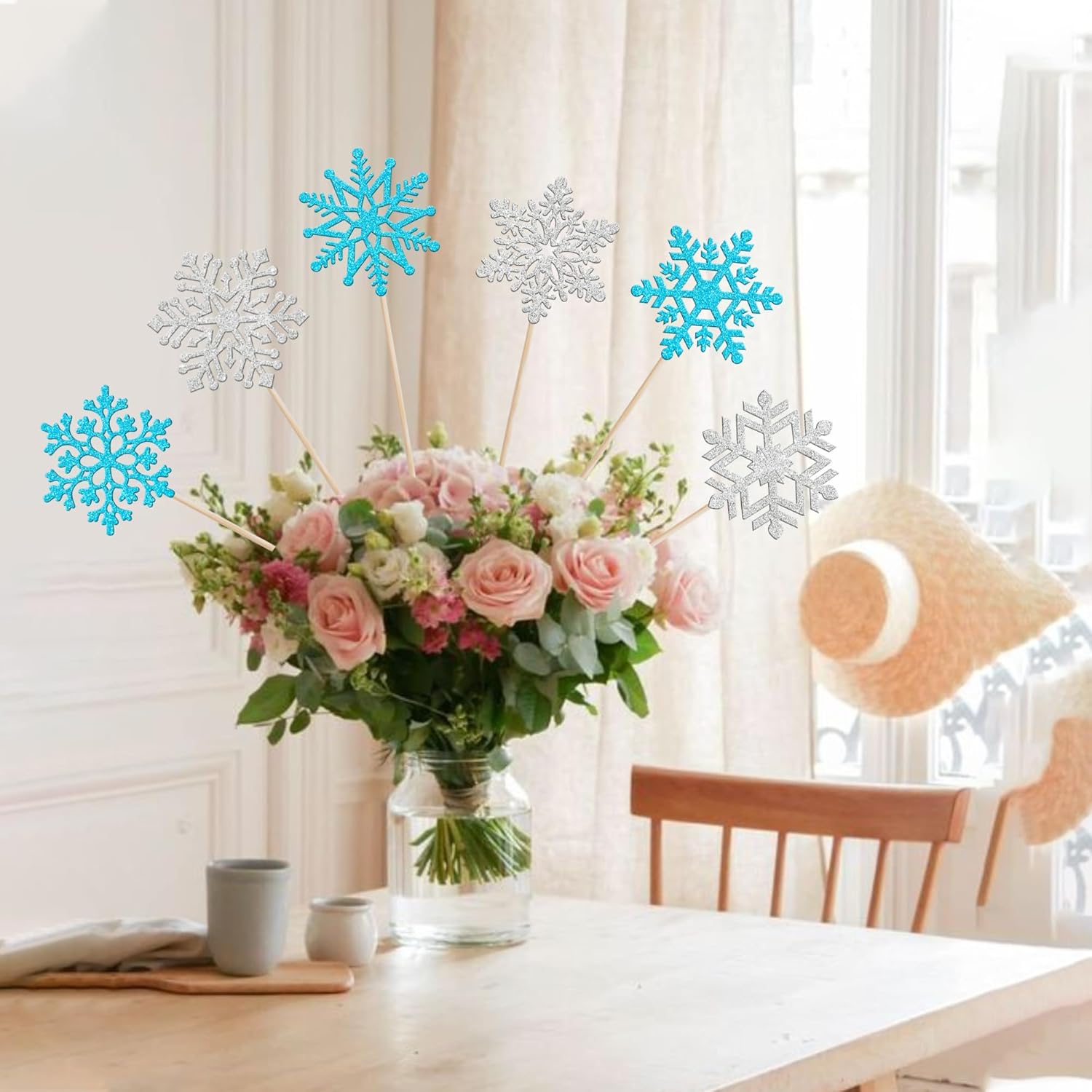 12 PCS Frozen Snowflake Centerpiece Sticks for Winter Wonderland Parties