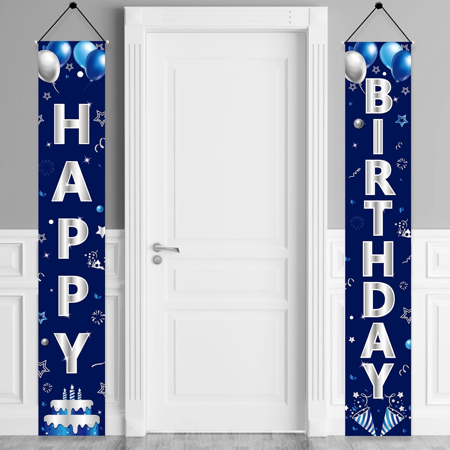 Turypaty Blue Silver Happy Birthday Door Banner Decorations