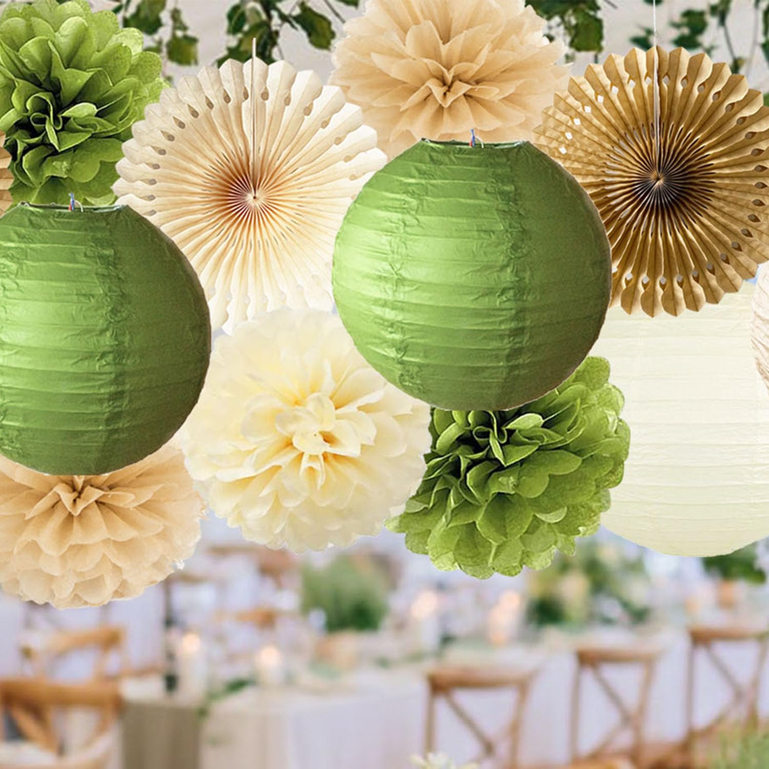 Olive Green Tissue Pom Poms and Paper Lanterns Decor Set