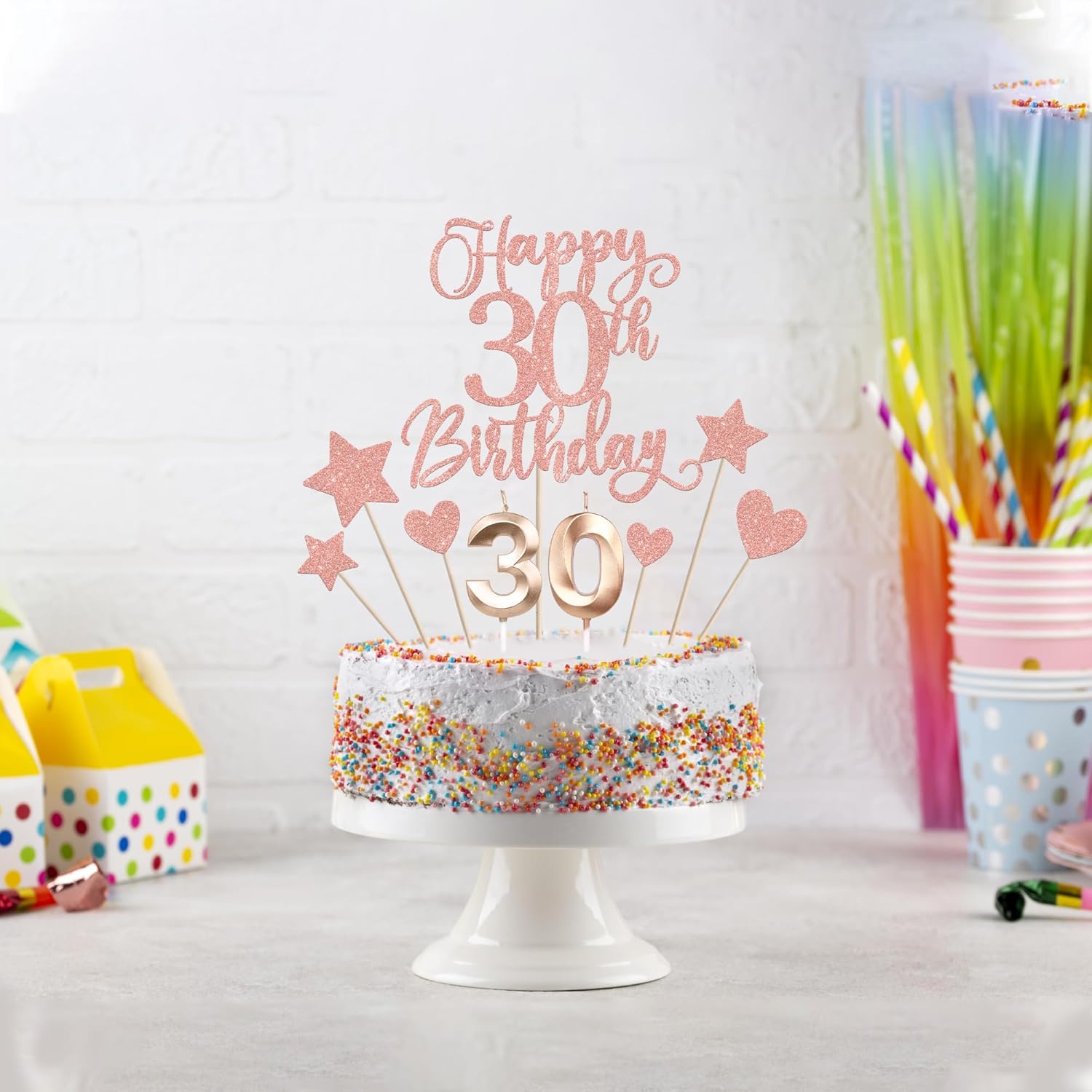 13 PCS Happy 30th Birthday Cake Toppers with Heart Star Glitter Rose Gold
