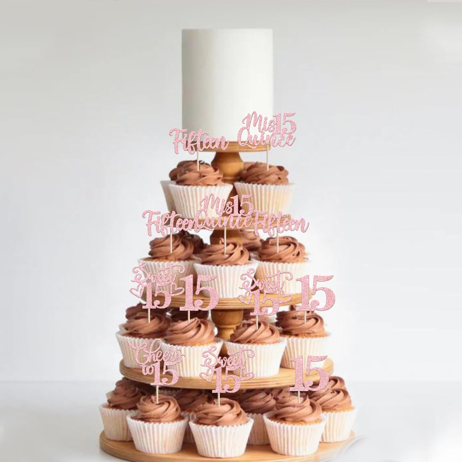 30PCS Happy 15th Birthday Cupcake Toppers Glitter Pink