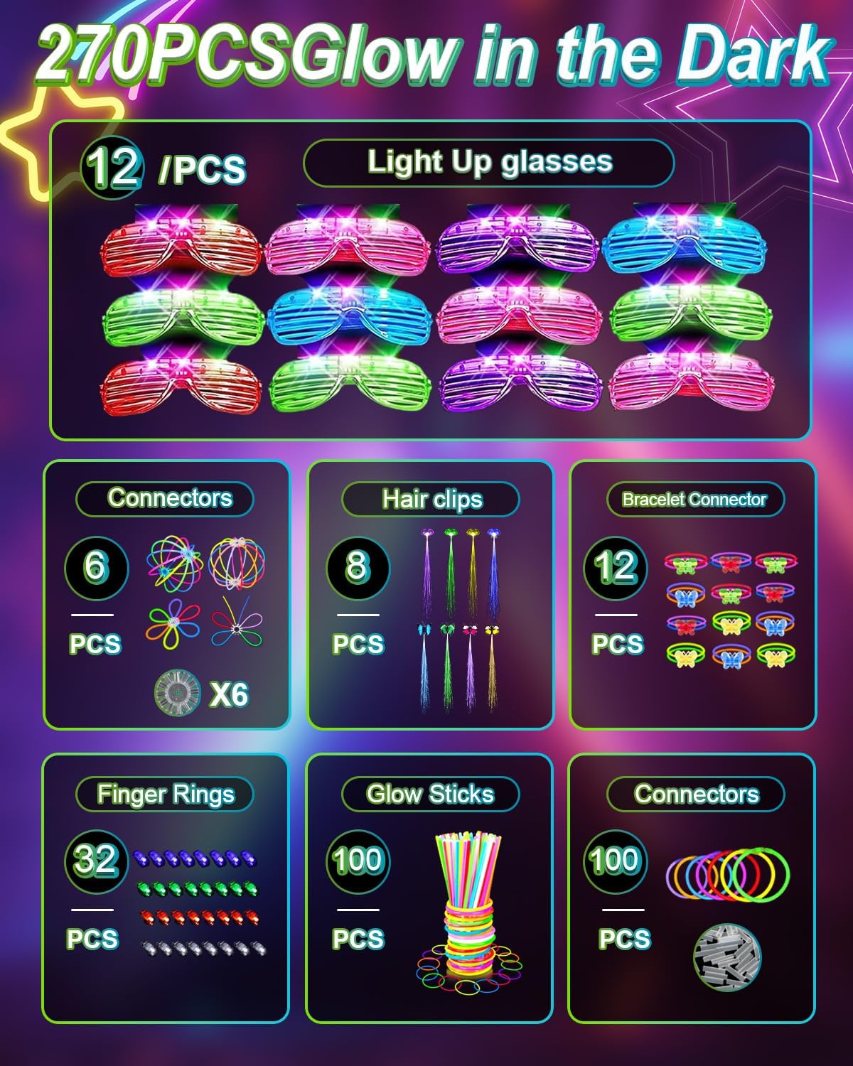270 pcs Glow In The Dark Party Supplies for Kids Adults