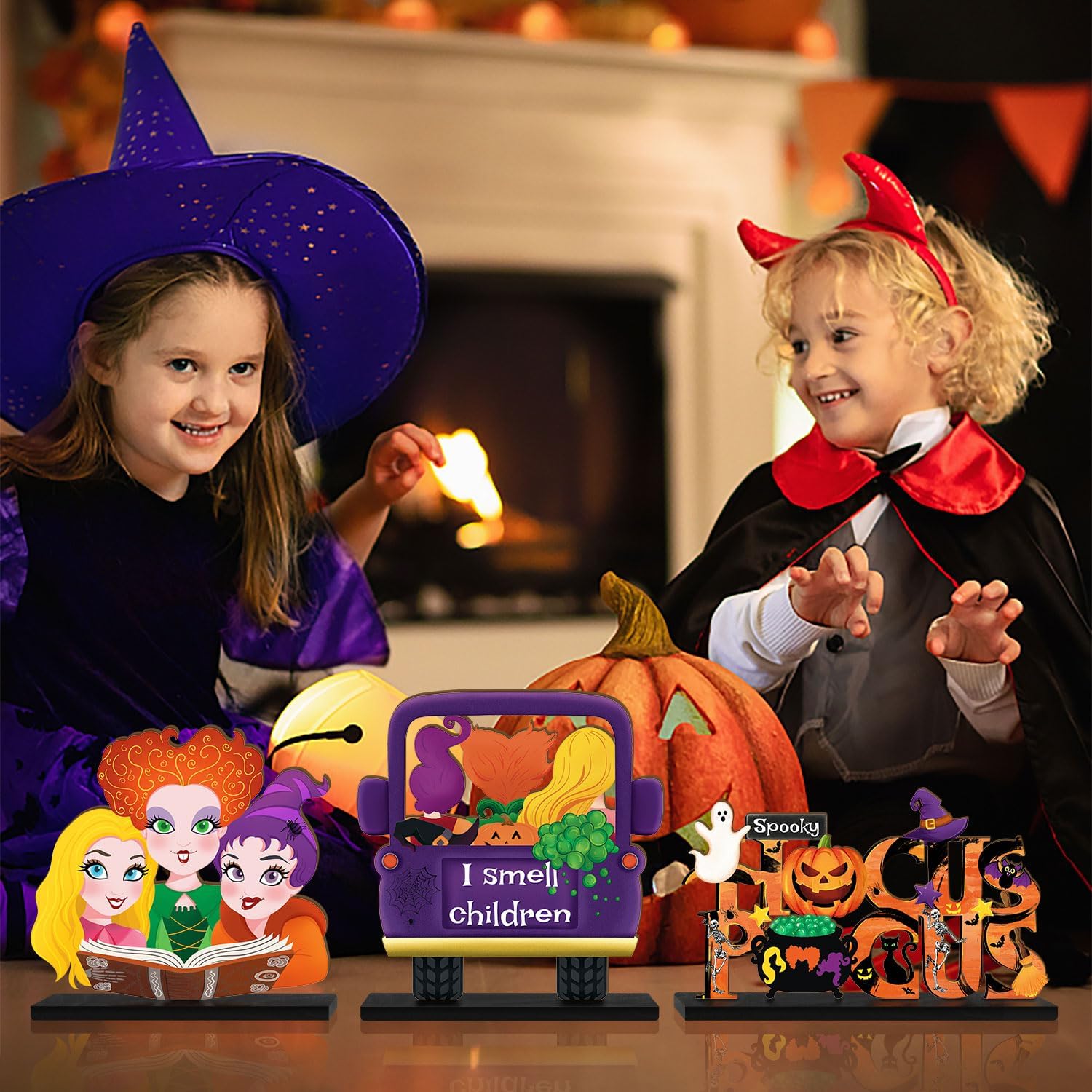 3 Piece Hocus Pocus Halloween Table Signs with Wooden Bases