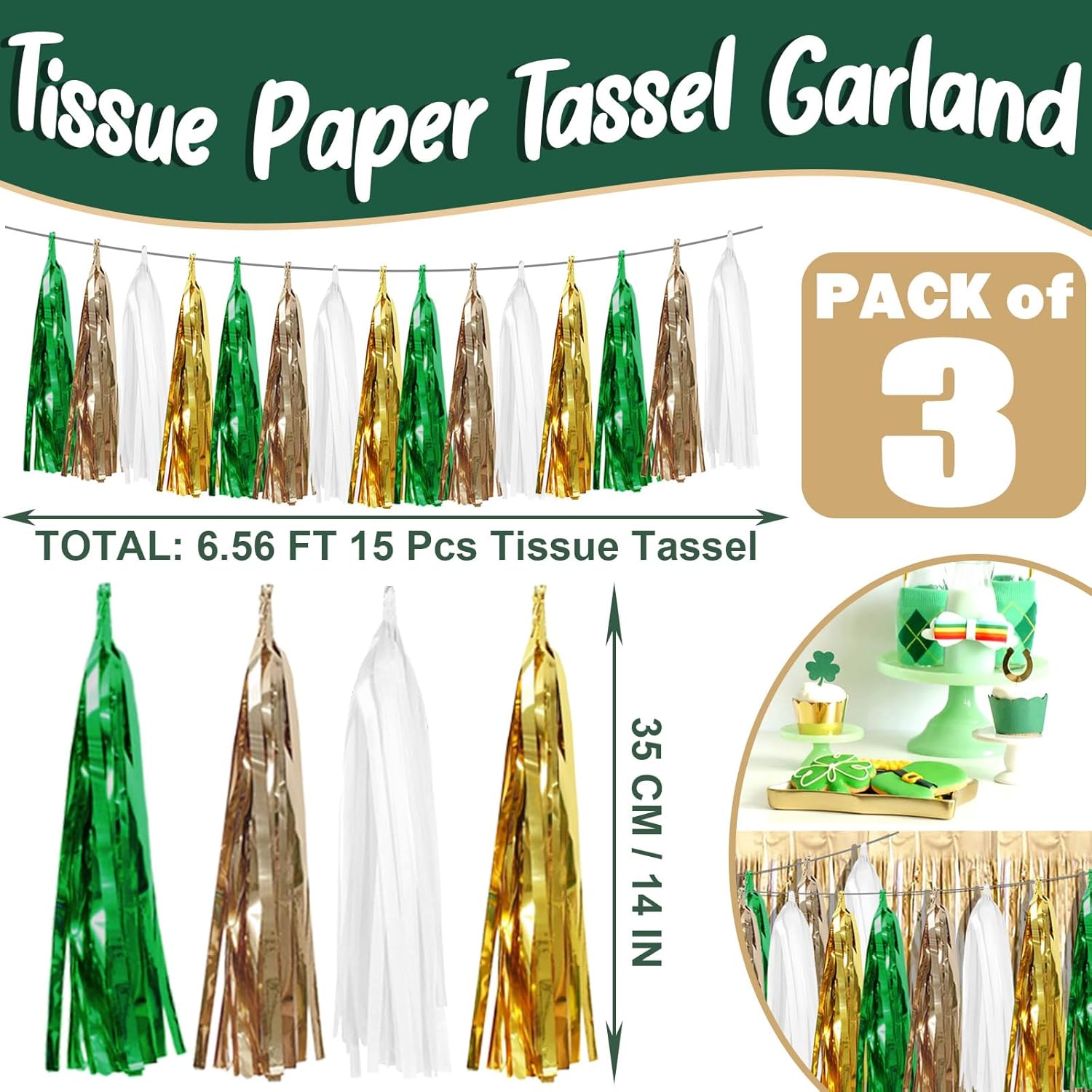 Sage Green Beige Mint Gold Foil Tassel Garland Banner for Parties