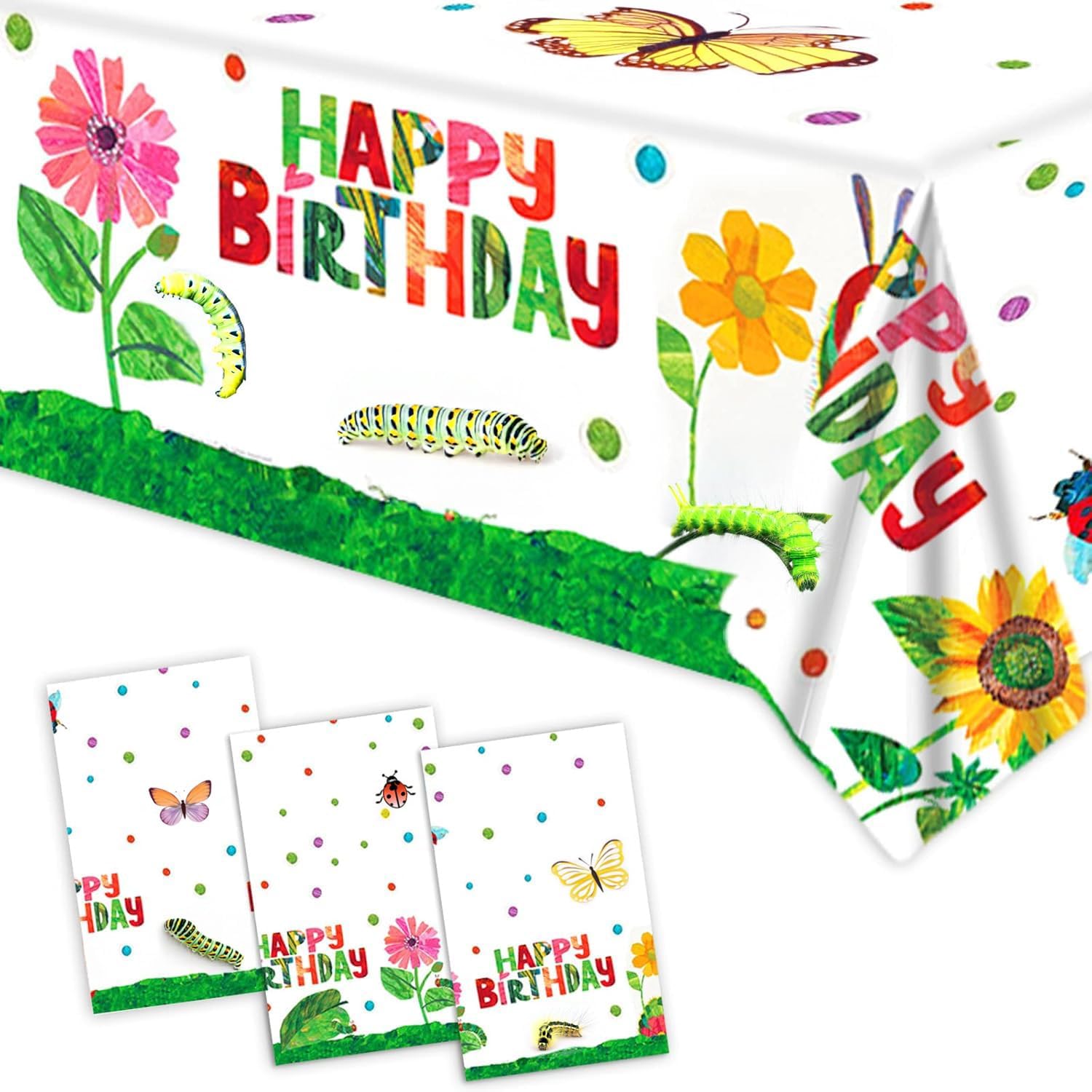 3 Piece Cartoon Green Caterpillar Birthday Tablecloth Insect Theme for Kids Party