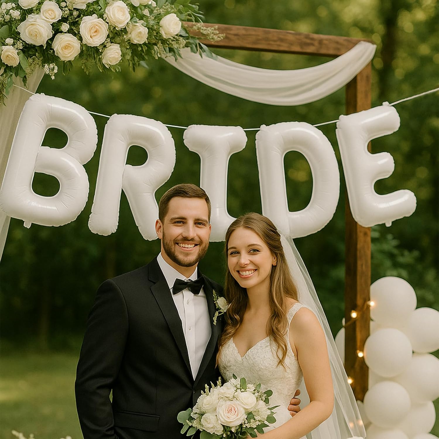 40 Inch White Bride Foil Balloons with Ribbon and Straw