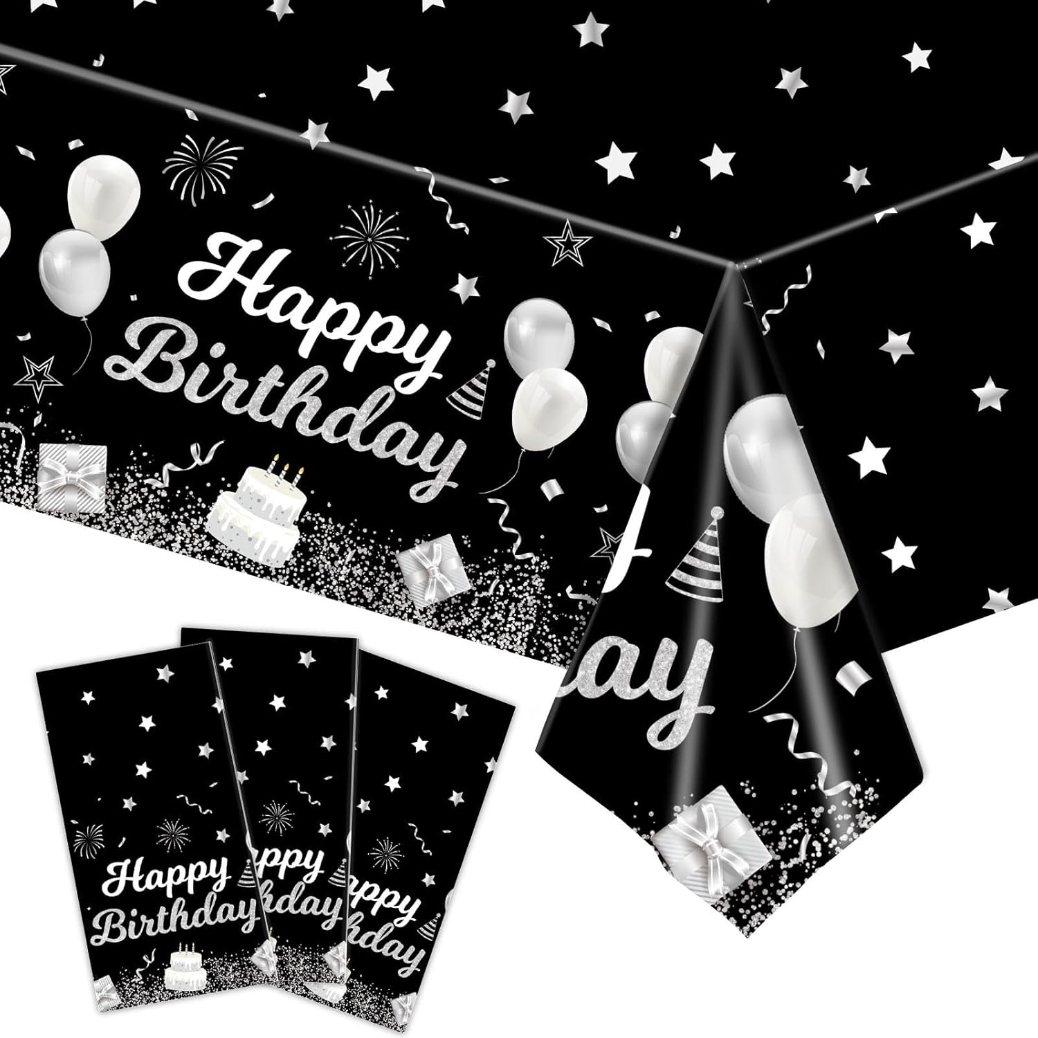 MRJ 3 Pack Silver and Black Star Birthday Tablecloths 54x108