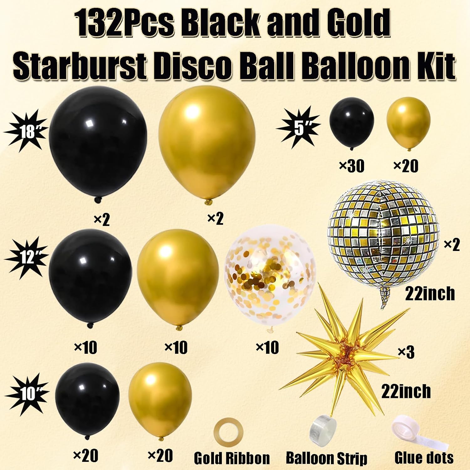 Black and Gold Balloon Garland Arch Kit with Starburst Foil Balloons