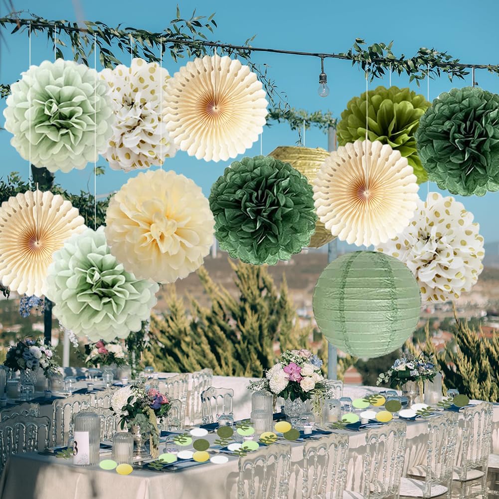Olive Sage Green Paper Pom Poms Party Decorations