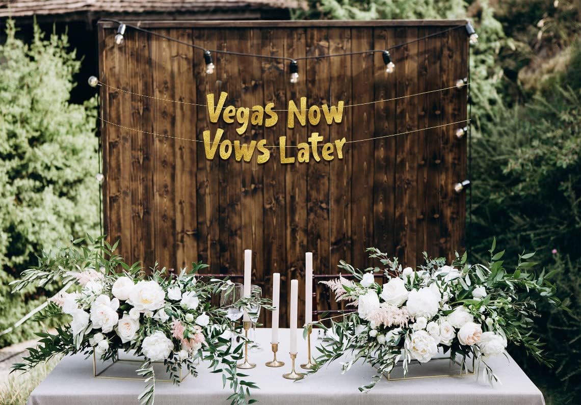 Vegas Now Vows Later Gold Glitter Banner for Bachelorette Party
