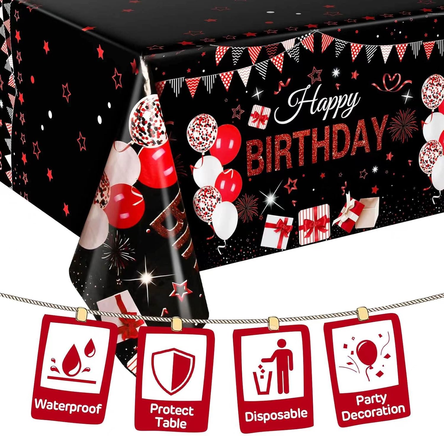 3 Pack Red Black Plastic Tablecloths for Rectangle Tables
