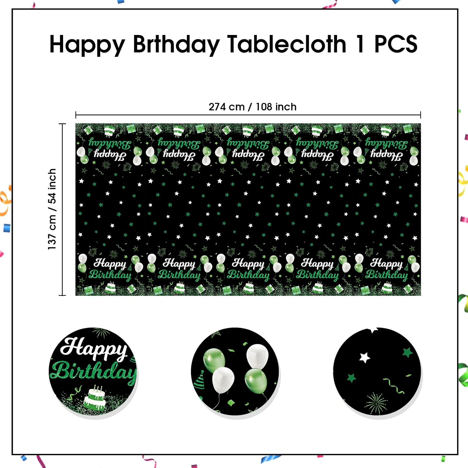 Happy Birthday Plastic Tablecloth 108X54 Green Decor Cover