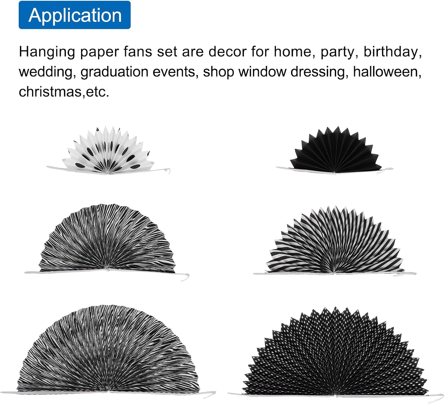 MECCANIXITY 6Pc Hanging Paper Fans Decor Set Black White
