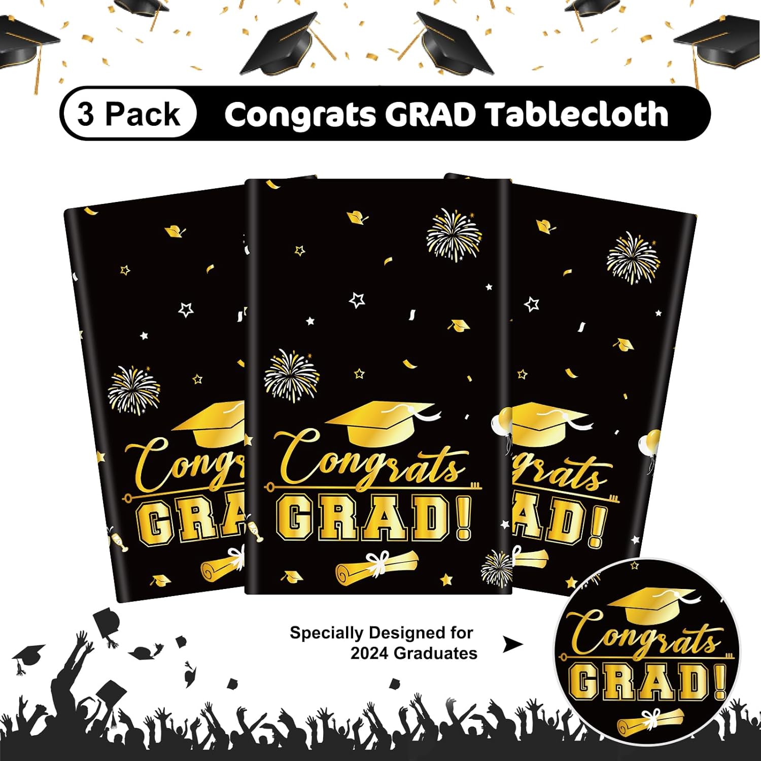 3 Pcs Graduation Tablecloth - Black Gold 54x108 Inch