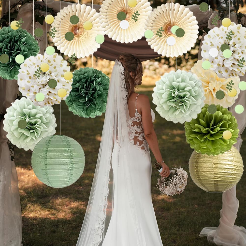 Olive Sage Green Paper Pom Poms Party Decorations