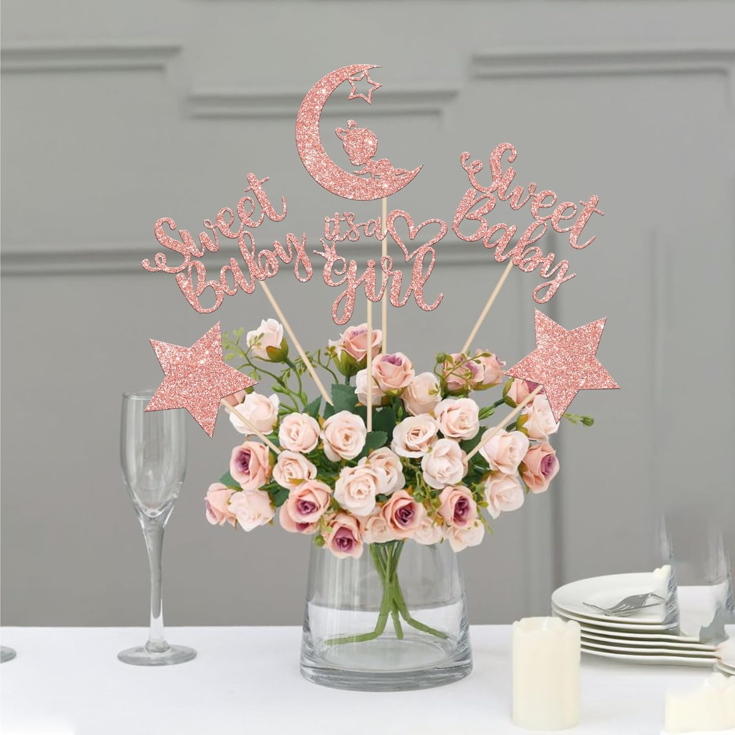12 PCS Sweet Baby Girl Centerpiece Sticks with Rose Gold Moon Glitter