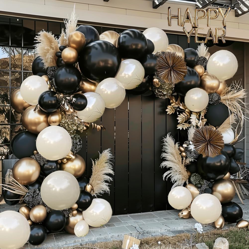 Double Stuffed Black White Gold Balloon Arch Kit