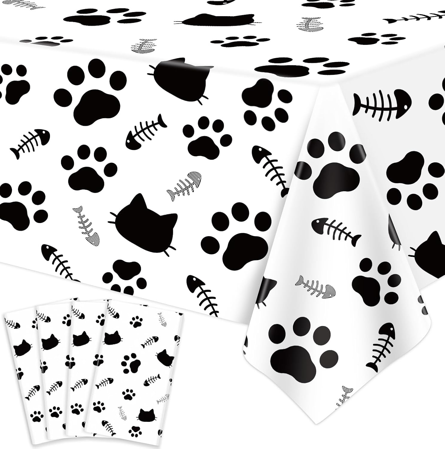 4 Pack Cat Tablecloth with Paw Print and Bone Design
