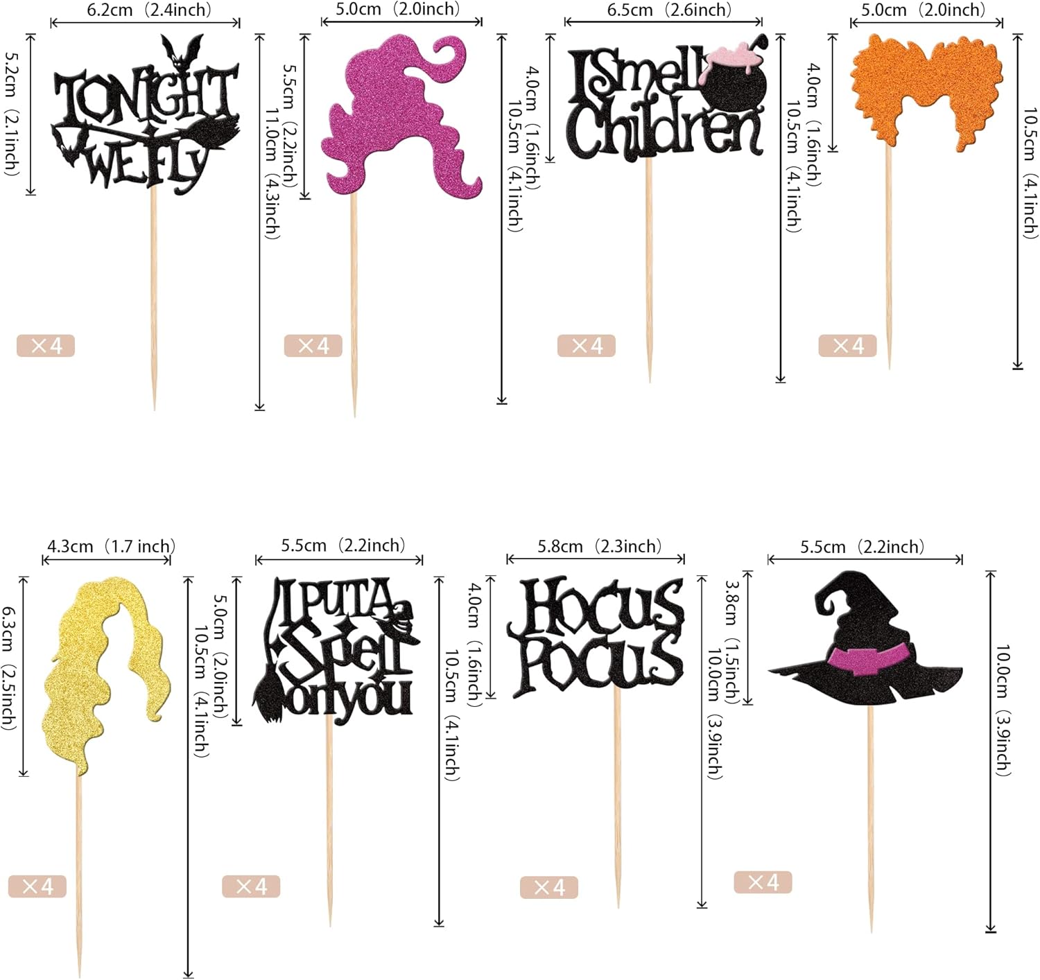 32 Piece Hocus Pocus Cupcake Toppers with Glitter and Bamboo Sticks