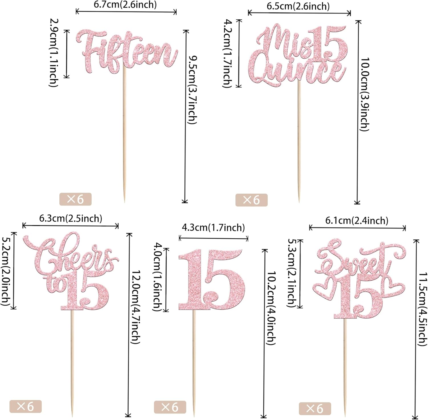 30PCS Happy 15th Birthday Cupcake Toppers Glitter Pink