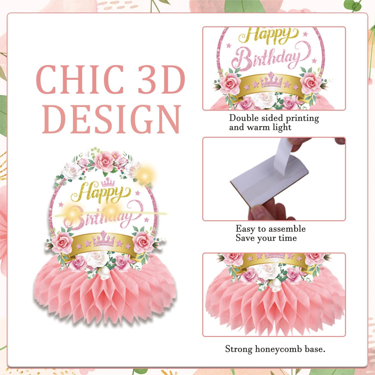 Pink Flower Birthday Decorations 8PCS Centerpiece Set