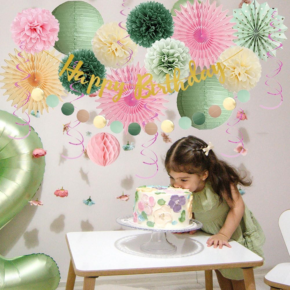 Sage Green and Pink Birthday Decorations Kit