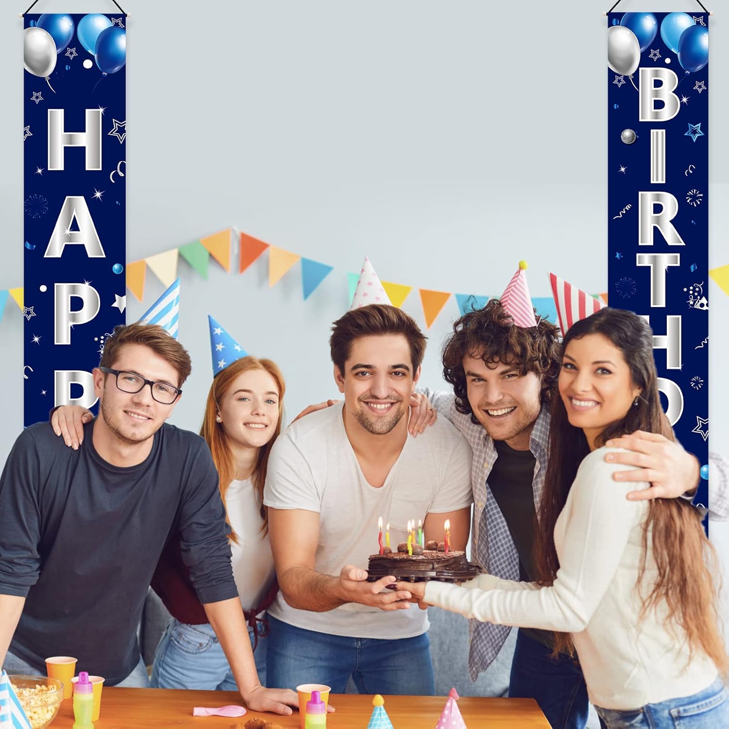 Turypaty Blue Silver Happy Birthday Door Banner Decorations