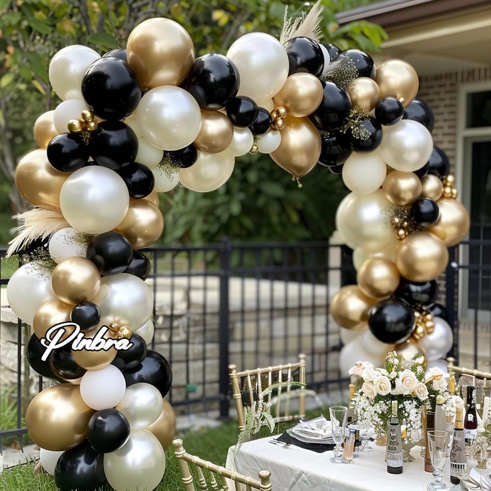 Double Stuffed Black White Gold Balloon Arch Kit