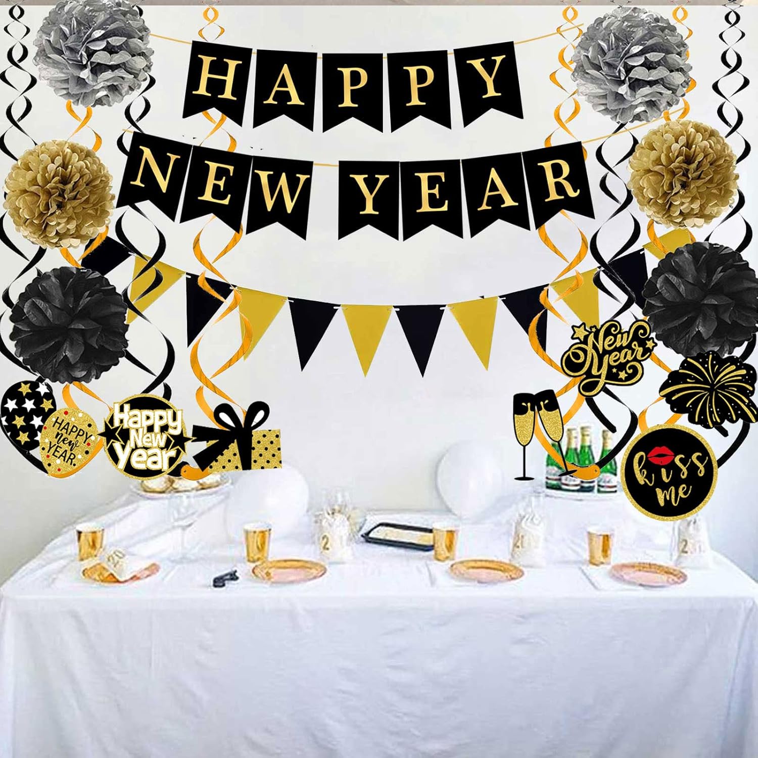 Happy New Year Banner with Pom Poms and Triangle Flags