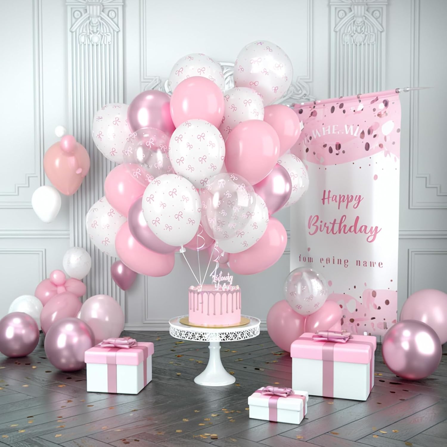 Bow Balloons 50Pcs 12 Inches Pink White Clear Balloons for Birthday Parties