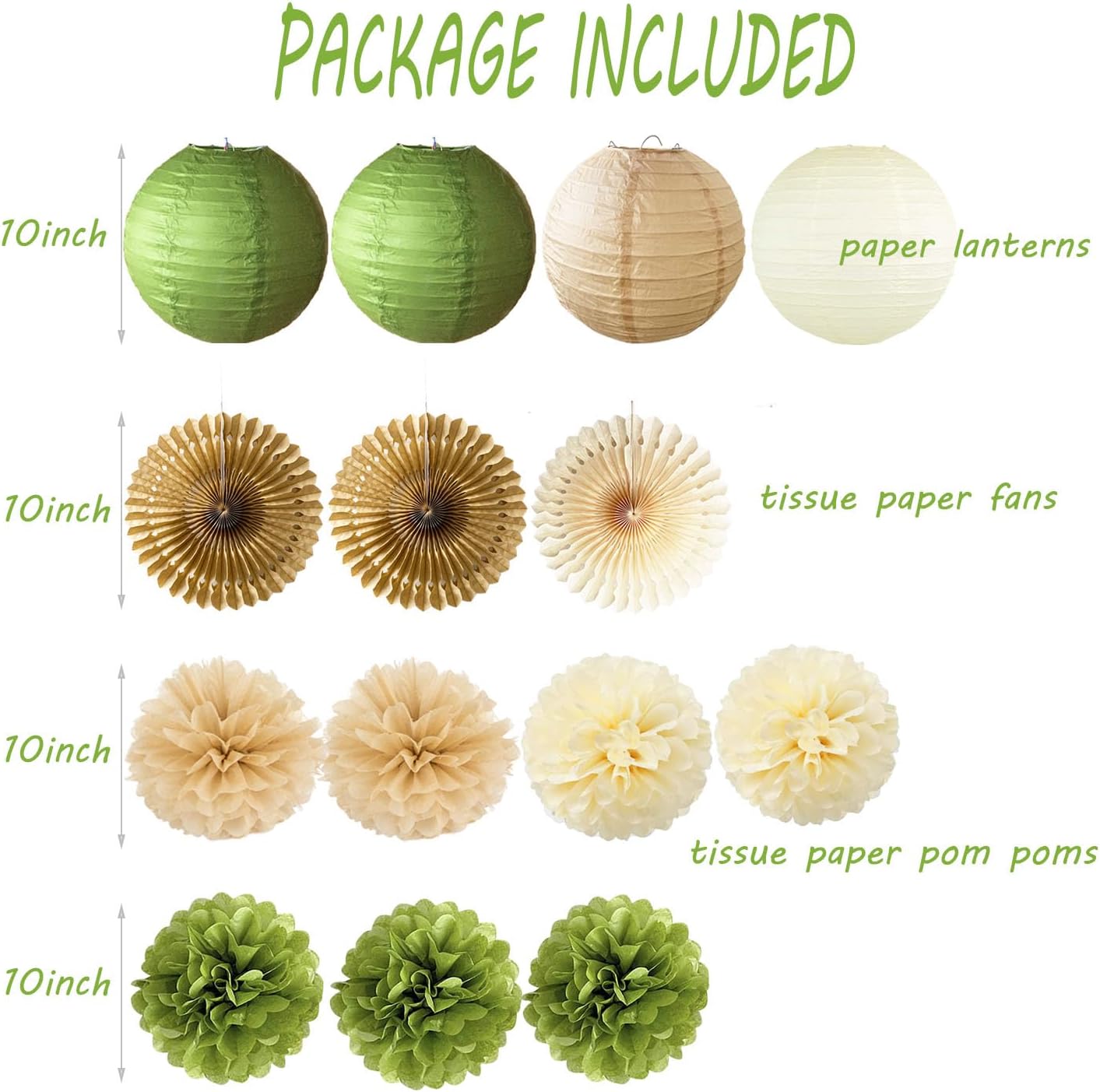 Olive Green Tissue Pom Poms and Paper Lanterns Decor Set