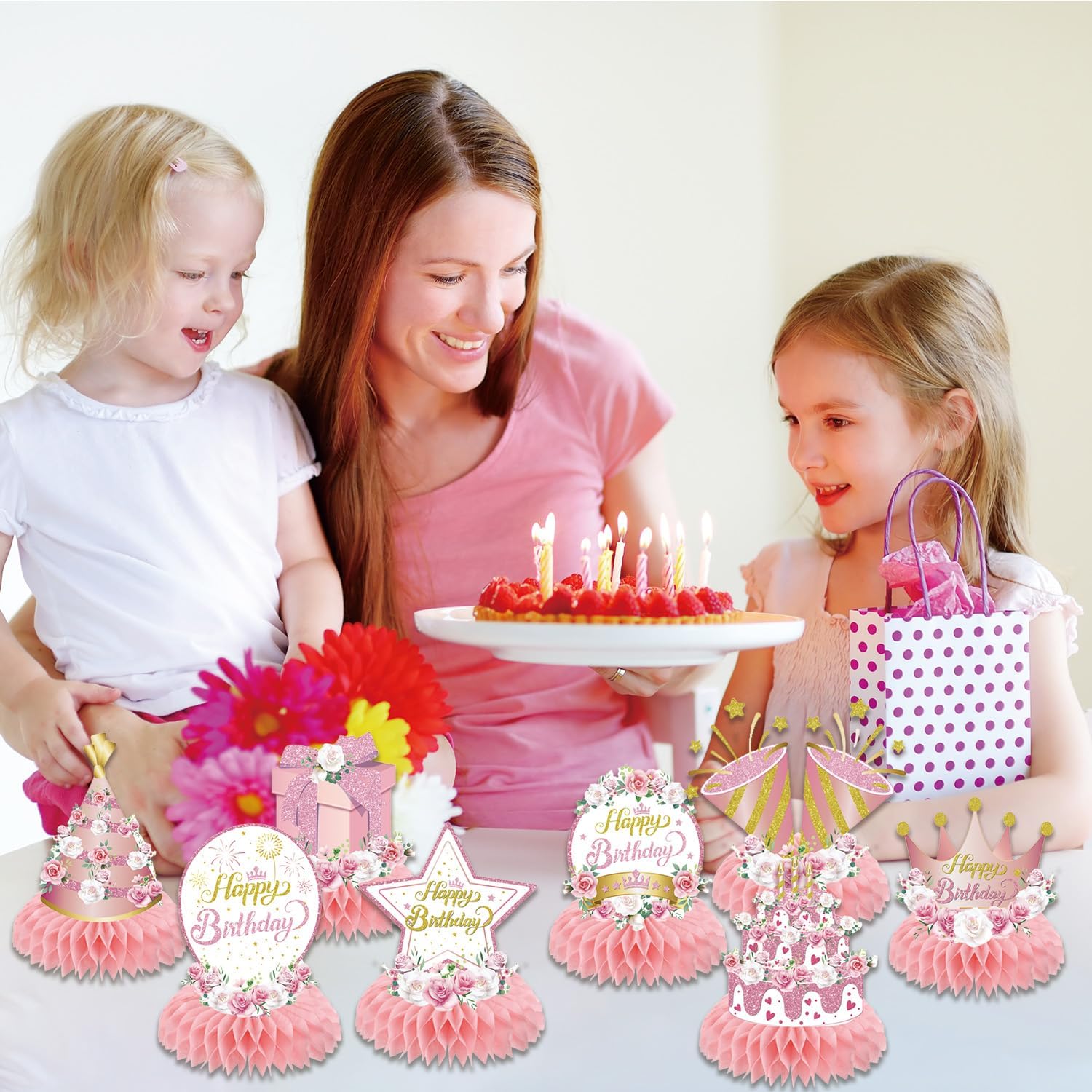 Pink Flower Birthday Decorations 8PCS Centerpiece Set