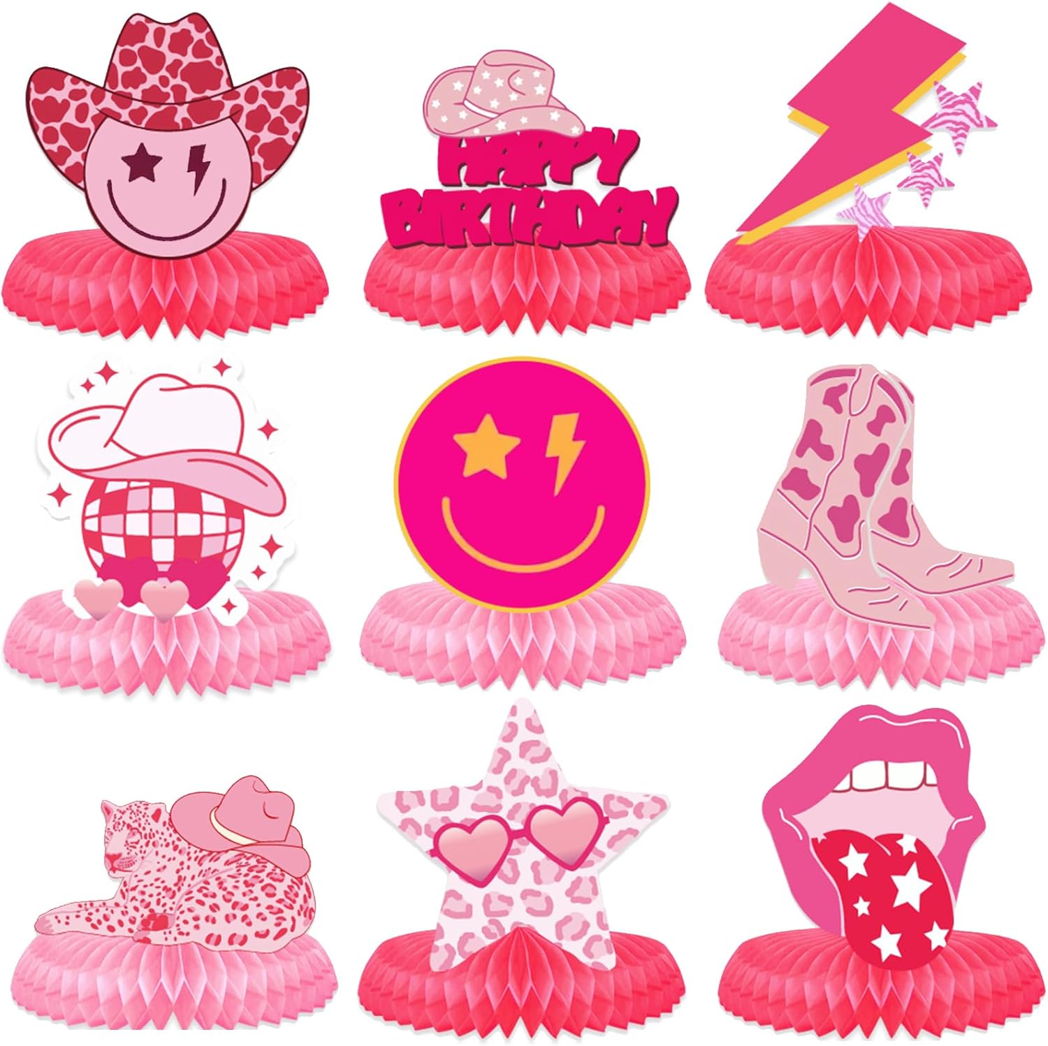9Pcs Preppy Party Centerpieces Hot Pink Honeycomb Decorations
