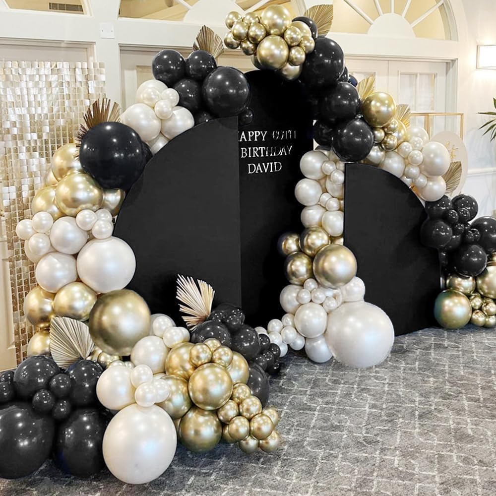 Double Stuffed Black White Gold Balloon Arch Kit