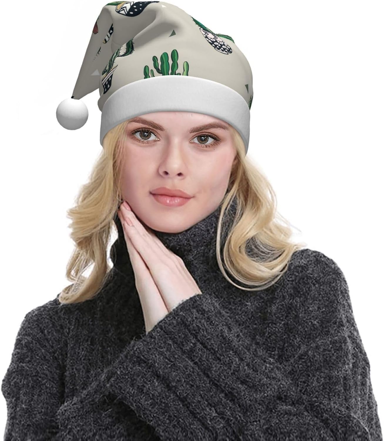 Personalized Santa Hat with Green Cactus Print