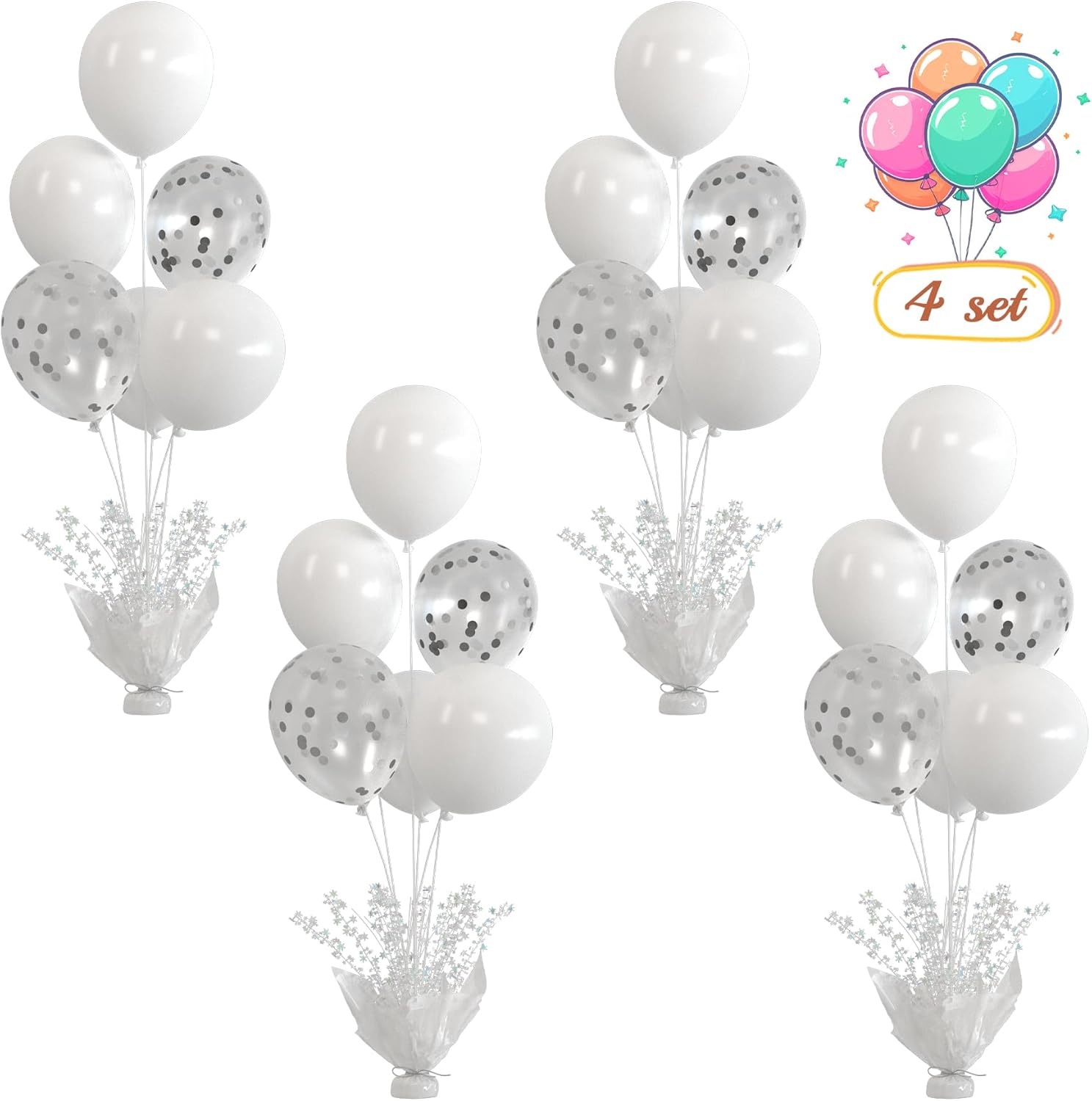 4 Set White Balloon Centerpieces with Stand Kit