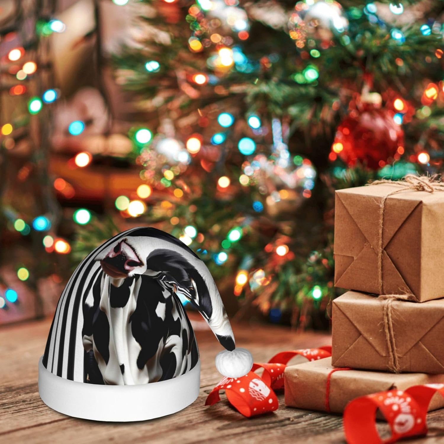 QinZheng Personalized Santa Hat with Black White Milk Cow Print