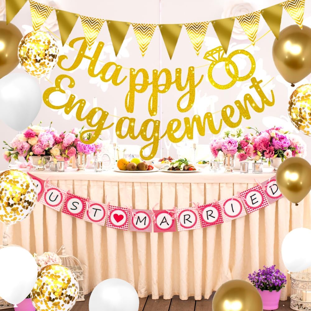 Gold Glitter Happy Engagement Banner 12 Pcs Decorations
