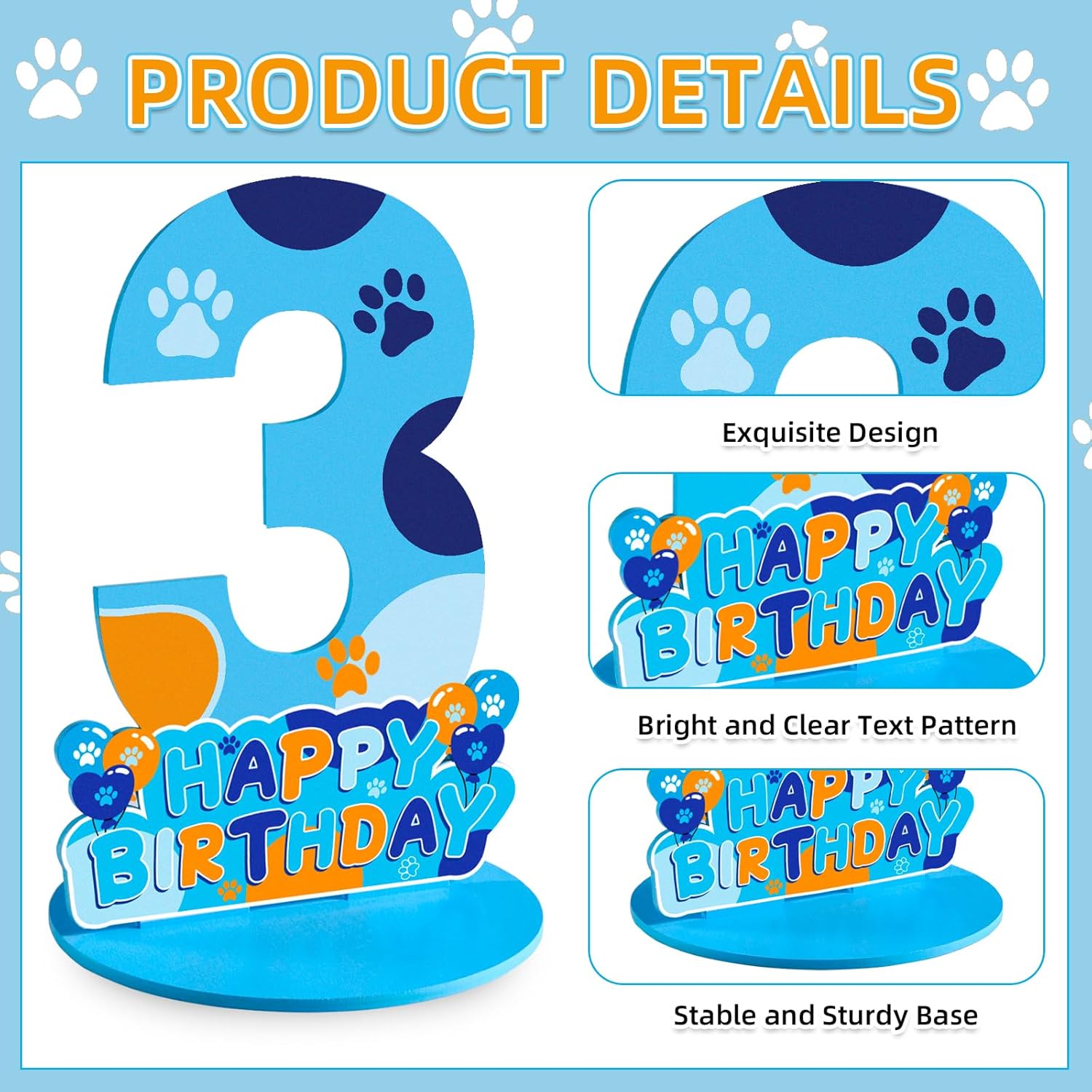 Dog Paw 3rd Birthday Party Decorations Number Sign Centerpiece