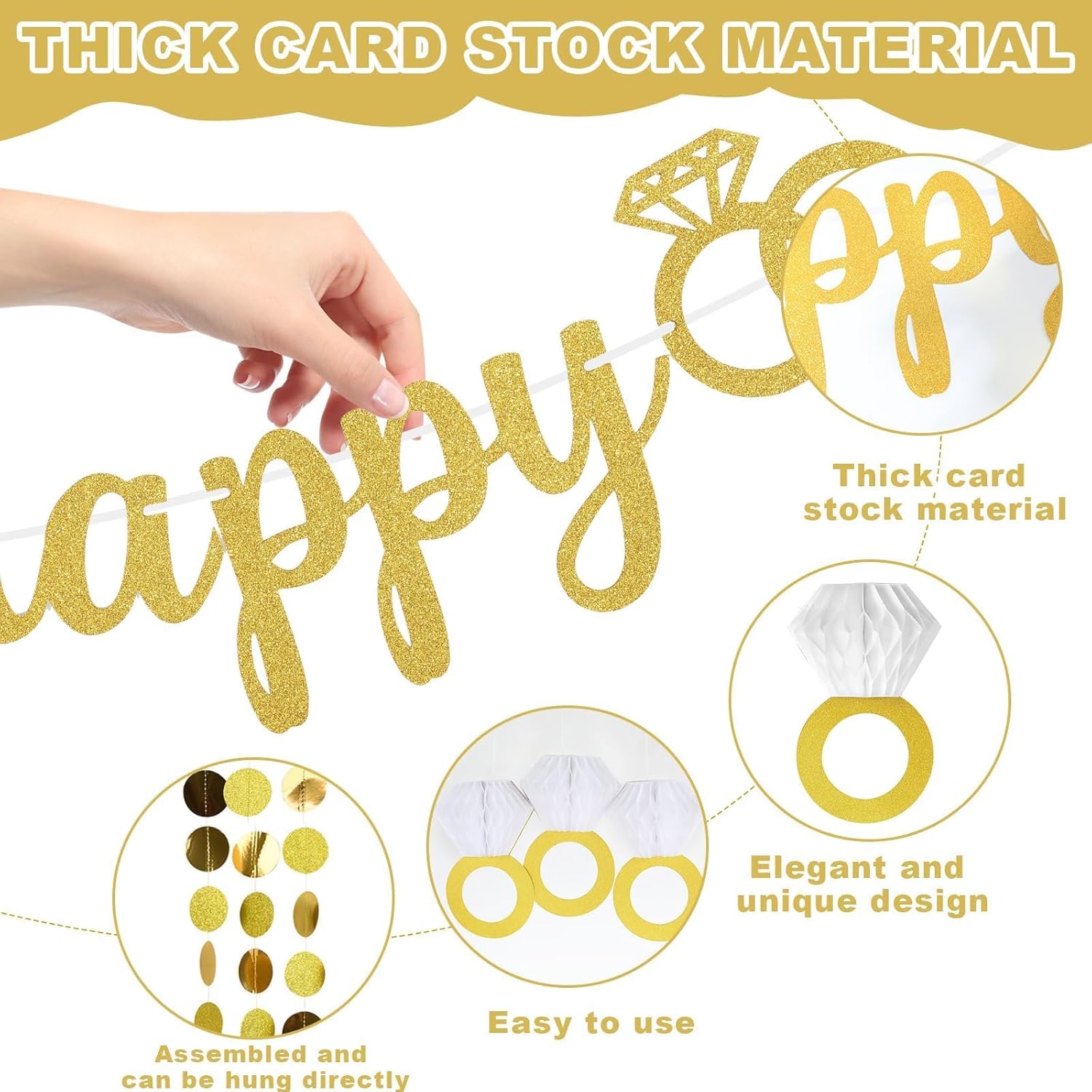 Gold Glitter Happy Engagement Party Banner Decor Set