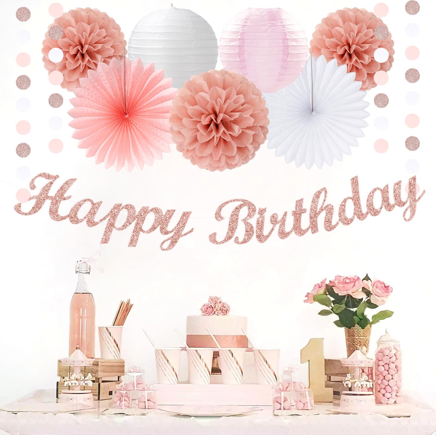 Rose Gold Pink White Birthday Decorations 31pcs