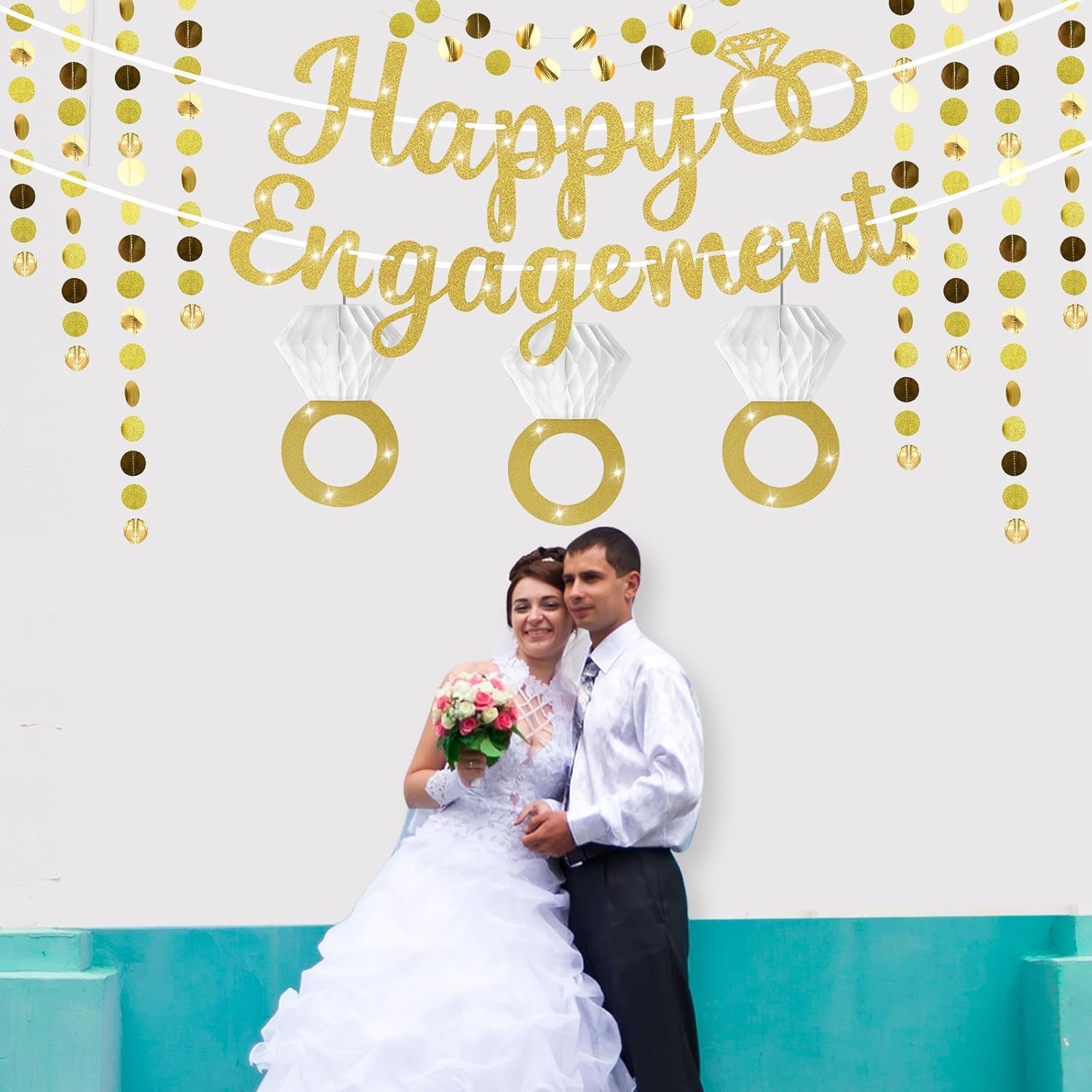 Gold Glitter Happy Engagement Party Banner Decor Set