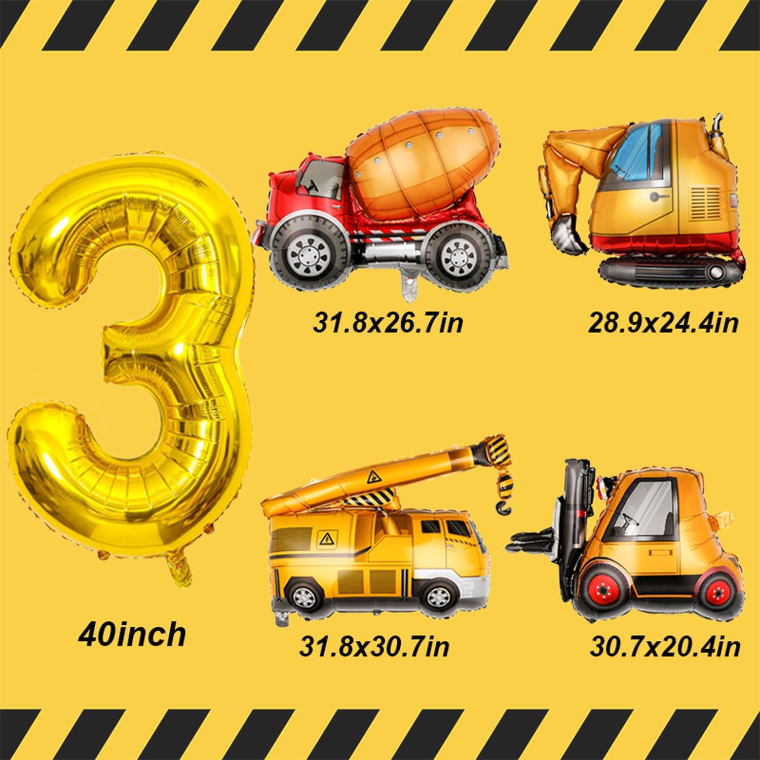 Construction Birthday Balloons 3 Year Old 40Inch Gold