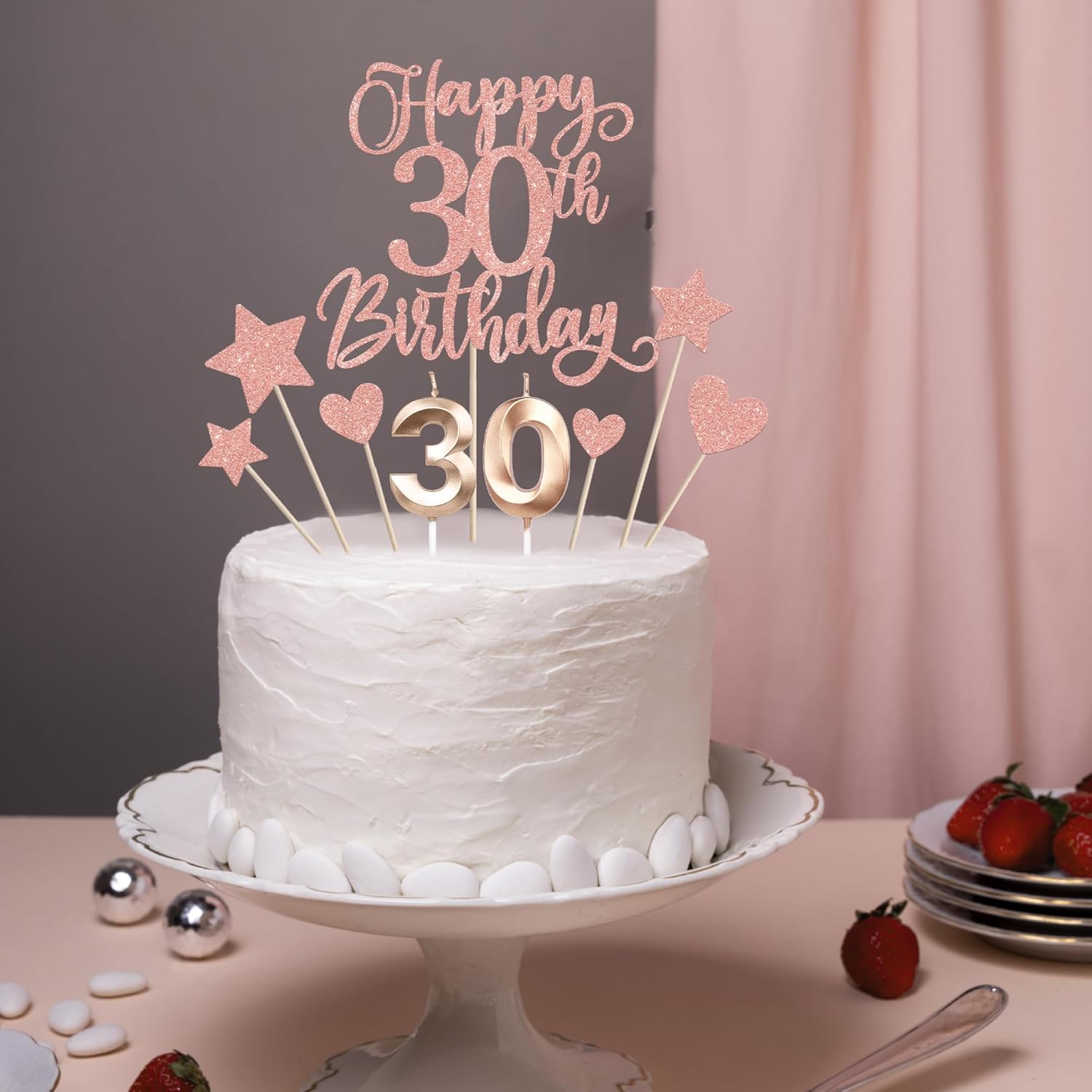 13 PCS Happy 30th Birthday Cake Toppers with Heart Star Glitter Rose Gold