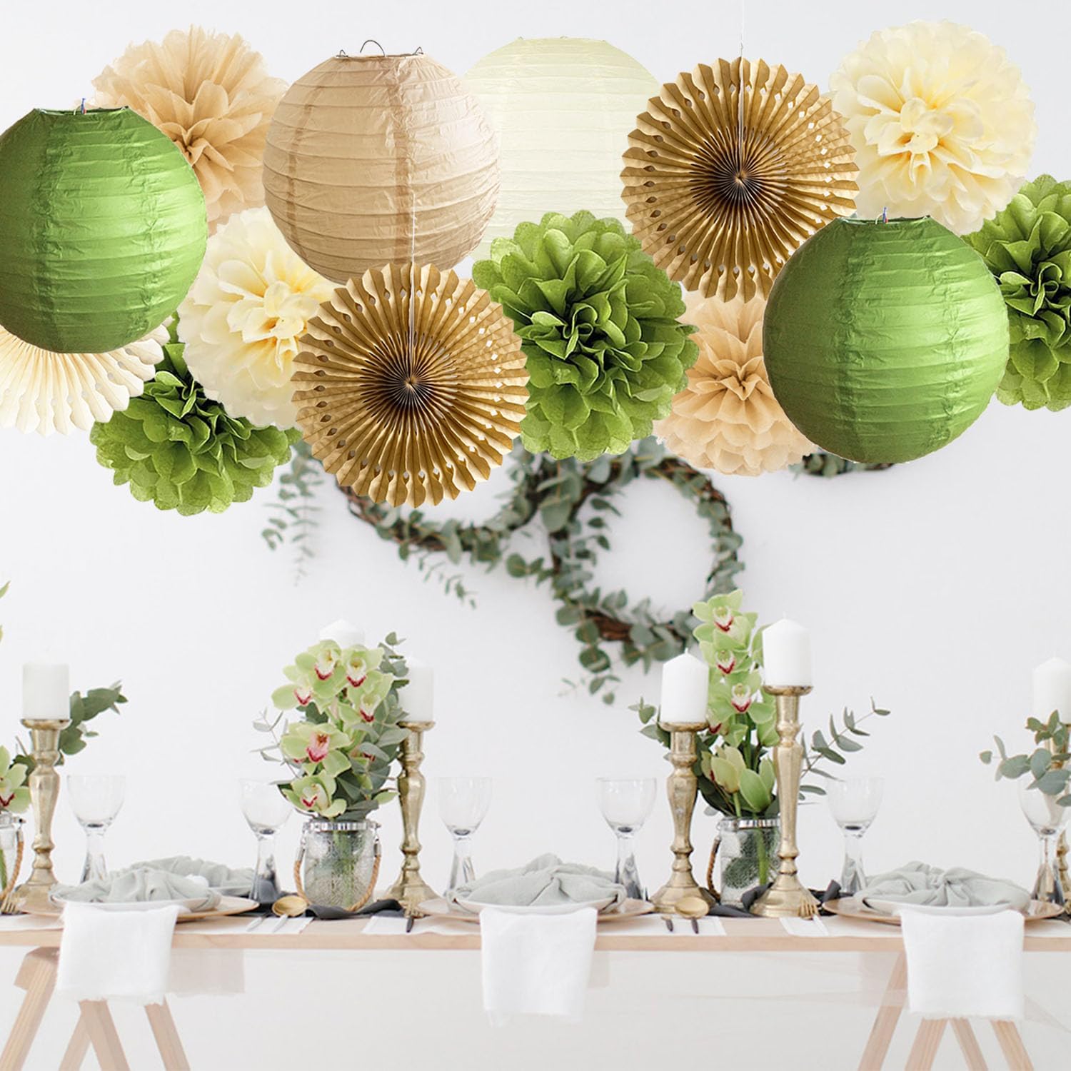 Olive Green Tissue Pom Poms and Paper Lanterns Decor Set