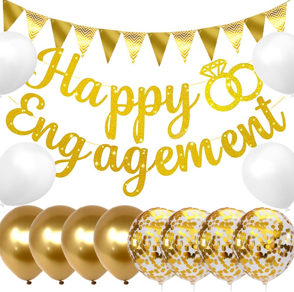 Gold Glitter Happy Engagement Banner 12 Pcs Decorations