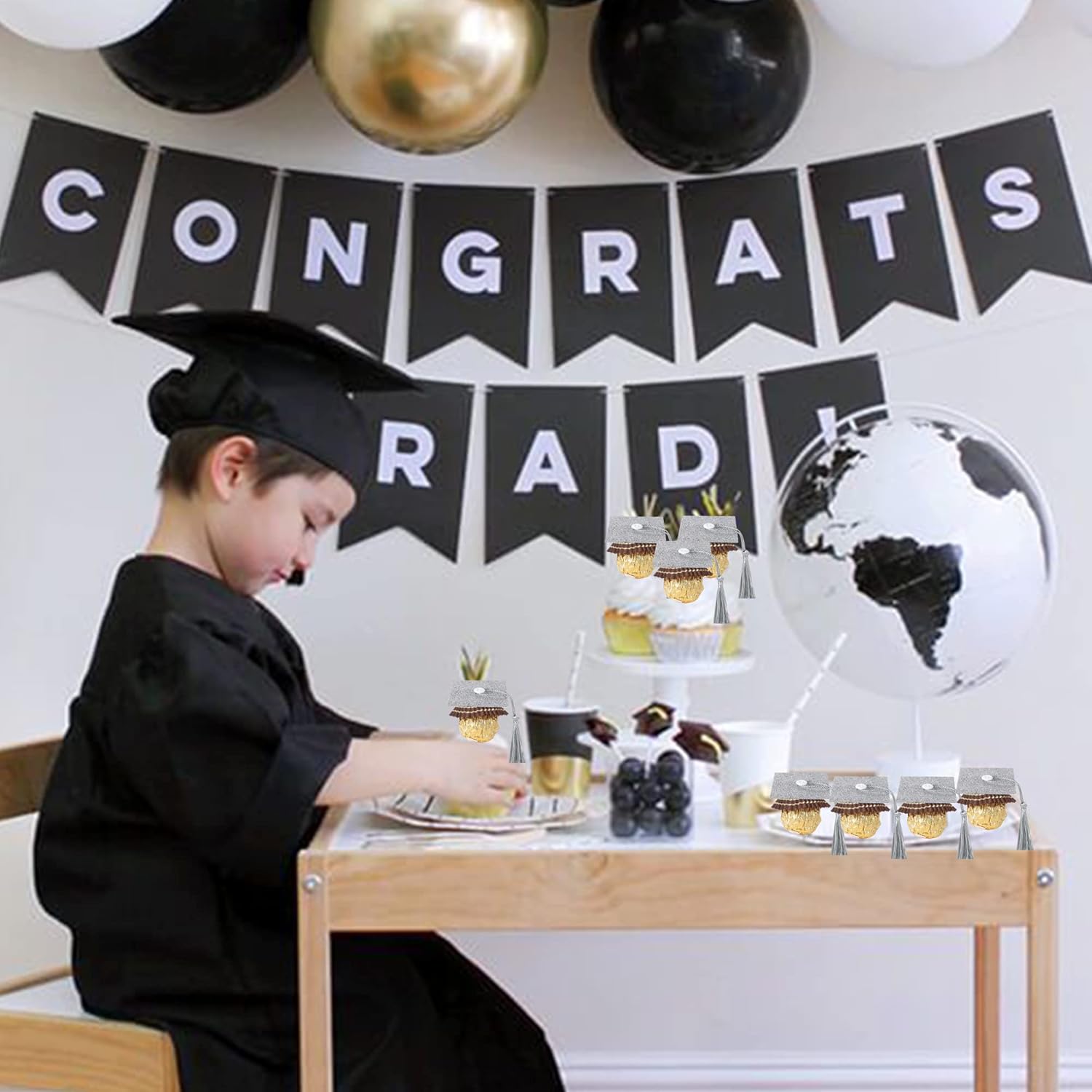 2025 Graduation Cap Cupcake Toppers with Tassel Adhesive Dots Silver