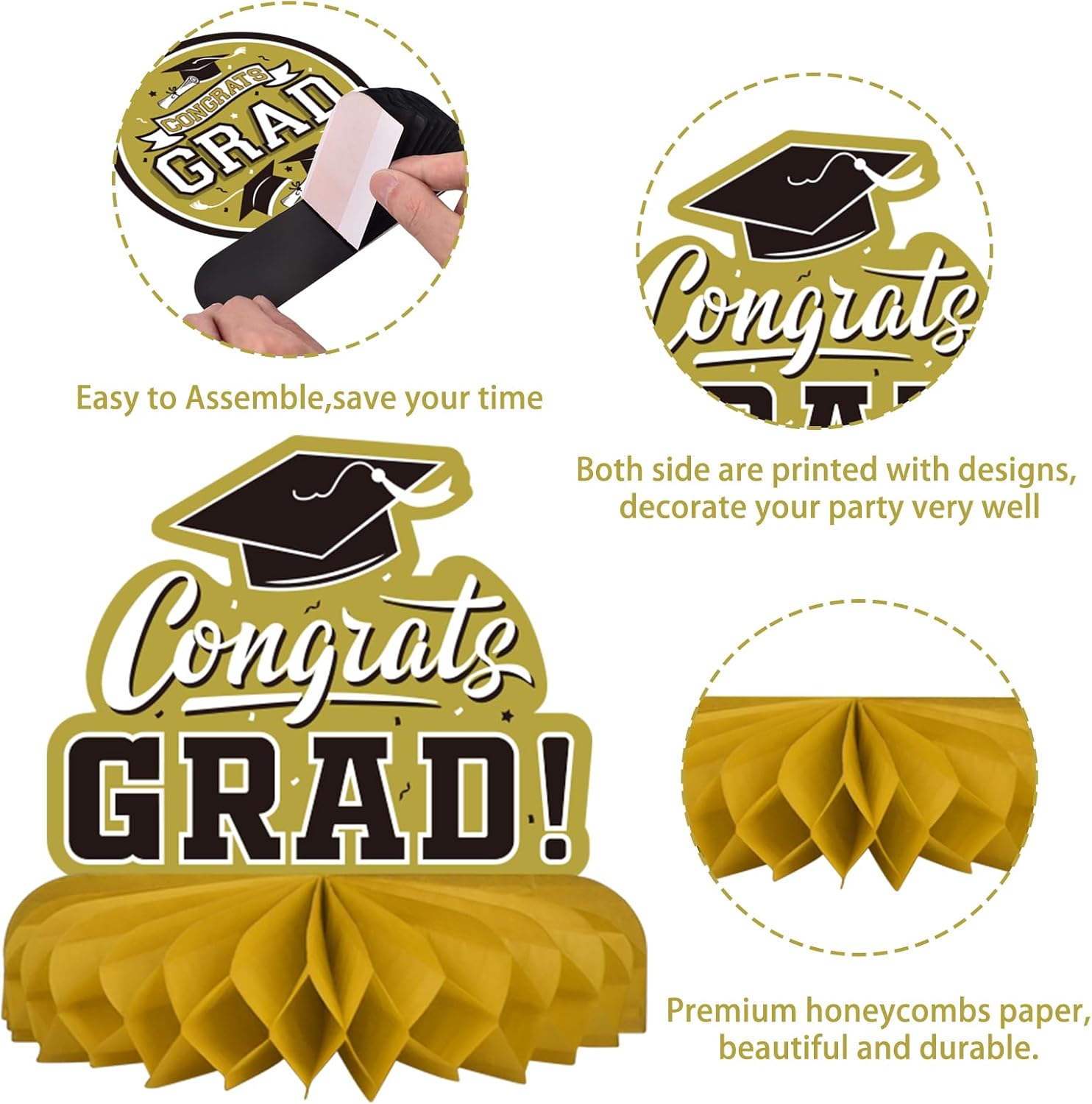 9PCS Graduation Party Decorations Honeycomb Table Centerpieces Gold and Black